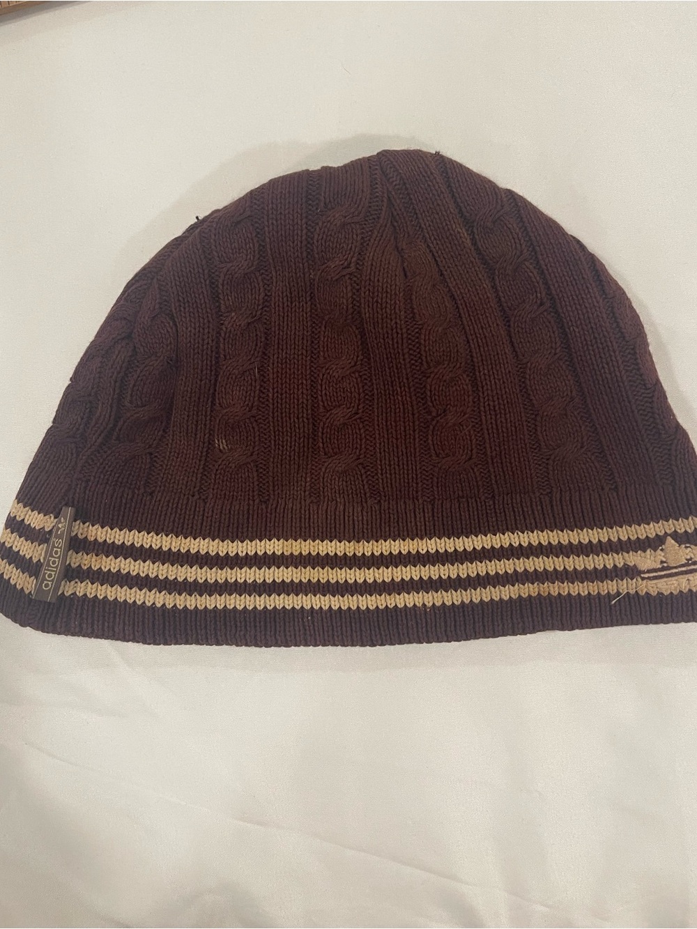 adidas Men’s Brown Cable Knit Crewneck Sweater with Gold Stripe Accent